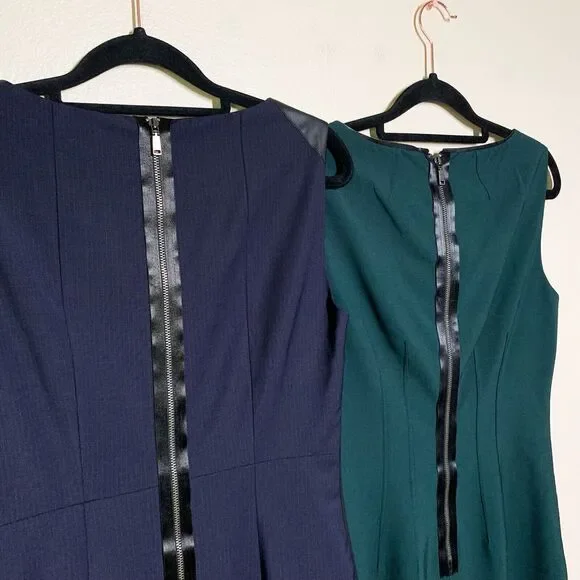 Lot of 2 Elie Tahari Office Career Dresses size 2 Blue Green Leather Trim Sheath - Picture 5 of 9